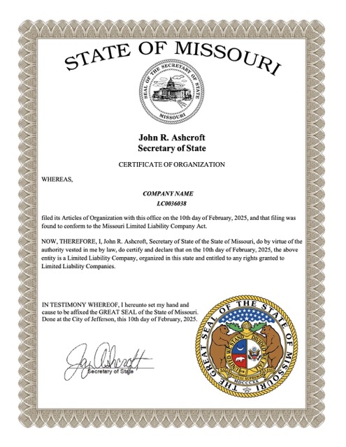 USA Missouri certificate of organization Word and PDF template